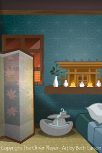 Zen Hotel Room Background Layout Art for Game - The Other Player Art by Beth Carson