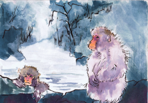 Two Grumpy Snow Monkeys by an Onsen -Beth Carson www.bethcarson.co.uk